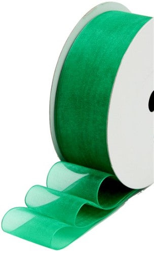 Emerald green organza ribbon, 40mm wide and 50m long, perfect for elegant gift wrapping and creative crafting projects.