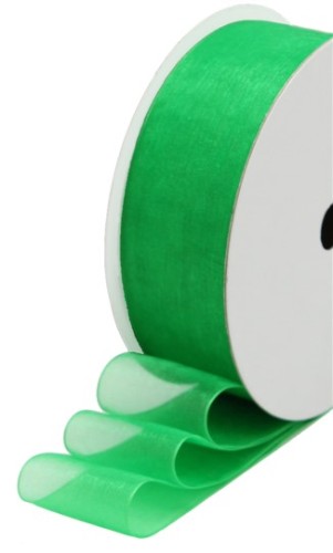Irish Green Organza Ribbon roll, 40mm wide and 50m long, perfect for elegant gift wrapping and creative projects.