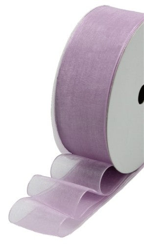 Lavender organza ribbon on a 50m roll, 25mm wide, perfect for crafting and decorating.