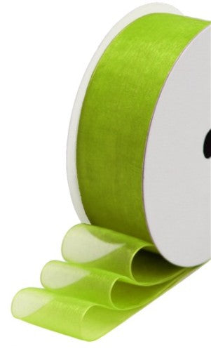 Lime green organza ribbon, 40mm wide, 50m roll, perfect for crafting, weddings, and gift wrapping.