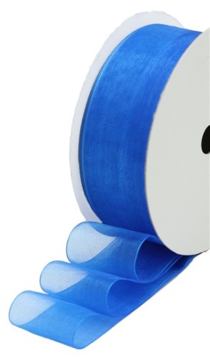 Royal Blue organza ribbon with a sheer texture, perfect for elegant bows and decorations in crafting and gift-wrapping.
