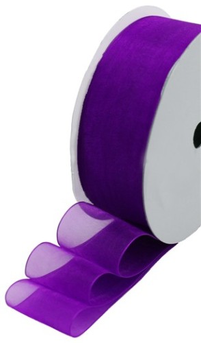 Violet organza ribbon roll, lightweight and translucent, ideal for weddings, gifts, and crafts.