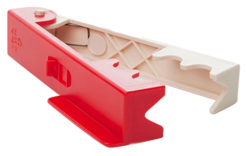 Red and cream plastic rose stripper with ergonomic grip for easy leaf and thorn removal from rose stems.