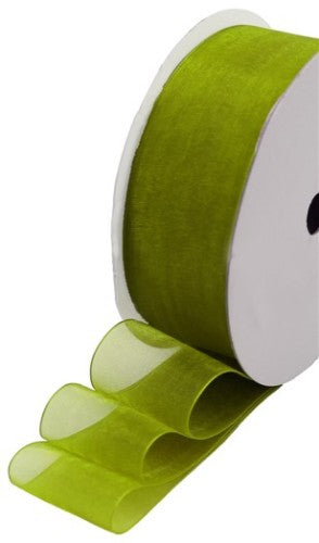 Gorgeous Avocado organza ribbon, 25mm wide, 10m roll, perfect for elegant gift wrapping and DIY crafts.
