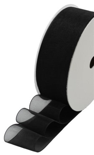 Gorgeous black organza ribbon, 25mm wide and 10m long, perfect for elegant crafts, gift wrapping, and floral designs.