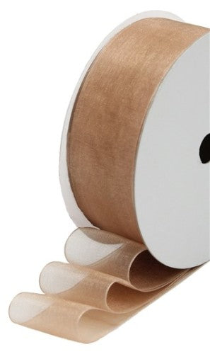 Radiant gold organza ribbon, 25mm wide, 10m roll, perfect for crafting and elegant gift wrapping.