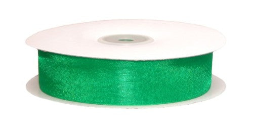Emerald green organza ribbon 25mm wide, 50m roll, perfect for crafting, gift wrapping, and floral arrangements.
