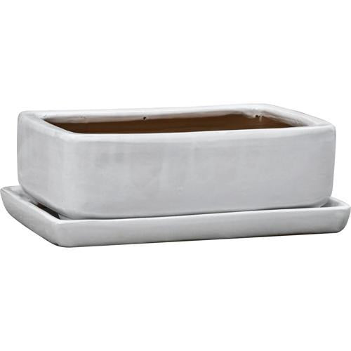 Gardeners Edge Glazed Bonsai Rectangle Pot Small White