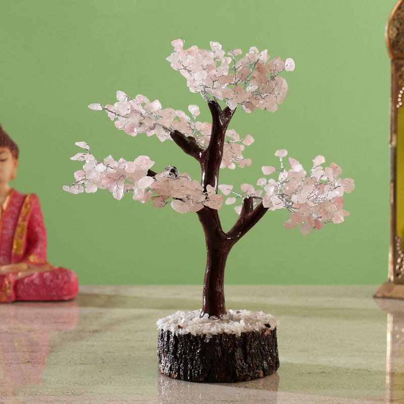 Rose Quartz Crystal Tree Neem Base 30cm