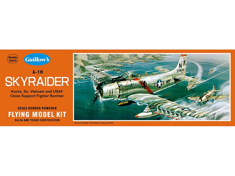 Balsa model kit of A-1H Skyraider with 17-inch wingspan, designed for easy assembly and creative customization.