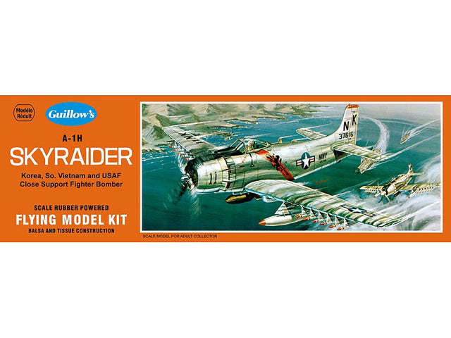 Balsa model kit of A-1H Skyraider with 17-inch wingspan, designed for easy assembly and creative customization.