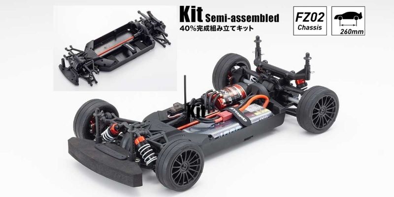 Kyosho EP FzrMk2 4WD chassis kit, 375mm long, designed for performance and custom upgrades in RC car racing.