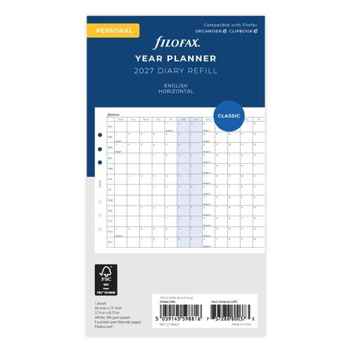 Filofax Refill Year Planner Horizontal Personal 2027