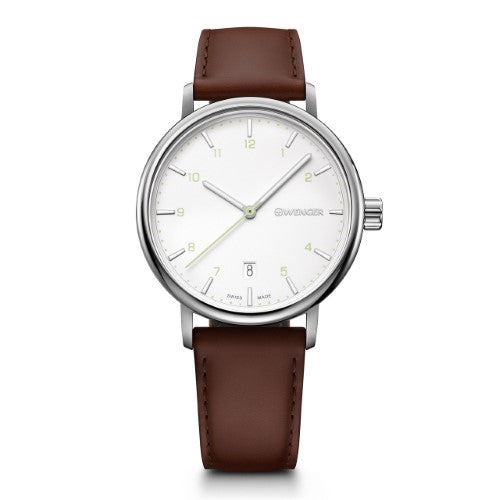 Watch - WENGER Urban Classic 40mm Silver/White Dial, Brown Strap