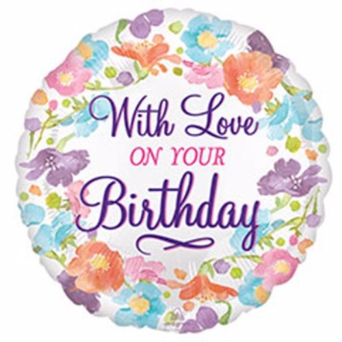 Vibrant 10cm floral foil balloon with 'With Love' for birthday celebrations, requires air inflation and heat sealing.