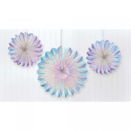 Pack of 3 luminous iridescent foil fan decorations in 30cm and 20cm sizes for festive birthday celebrations.