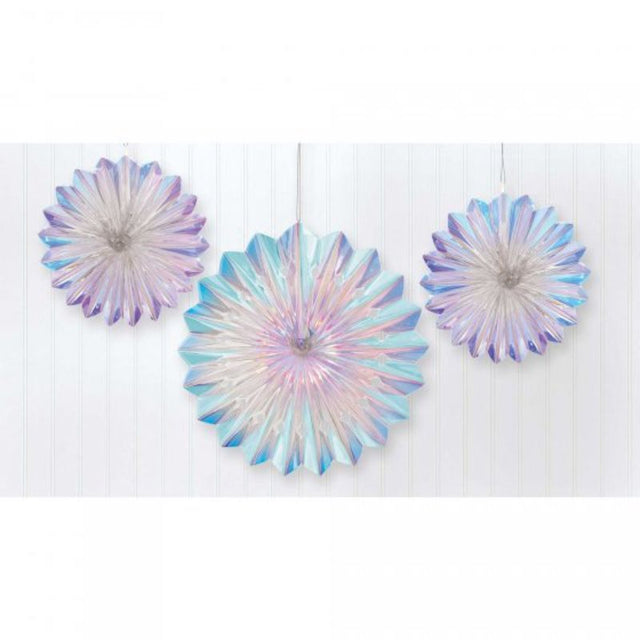 Pack of 3 luminous iridescent foil fan decorations in 30cm and 20cm sizes for festive birthday celebrations.
