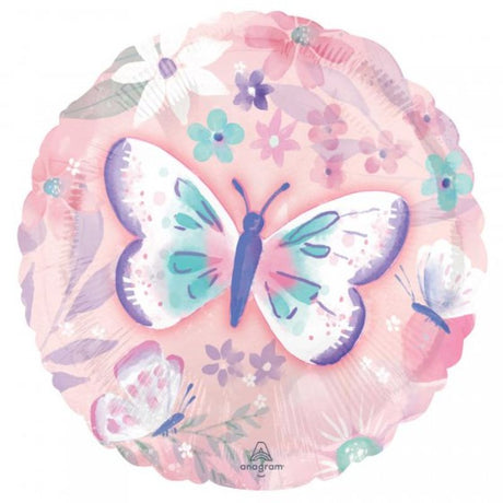 45cm self-sealing foil balloon featuring vibrant fluttering butterflies, perfect for parties and special occasions.