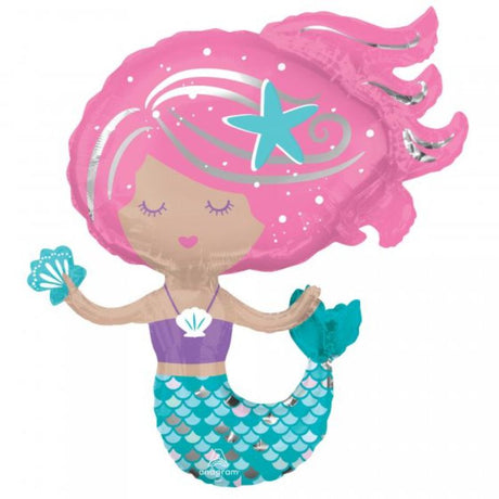 Supershape Shimmering Mermaid balloon, 73cm x 76cm, vibrant foil design perfect for mermaid-themed parties.
