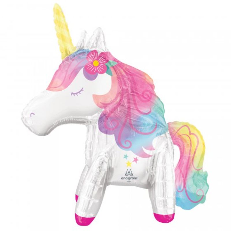 Vibrant self-sealing foil balloon featuring a whimsical unicorn design, perfect for enchanting celebrations.