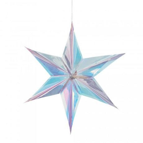 Iridescent foil star hanging decoration, 60cm, adding sparkle to birthday parties and festive gatherings.