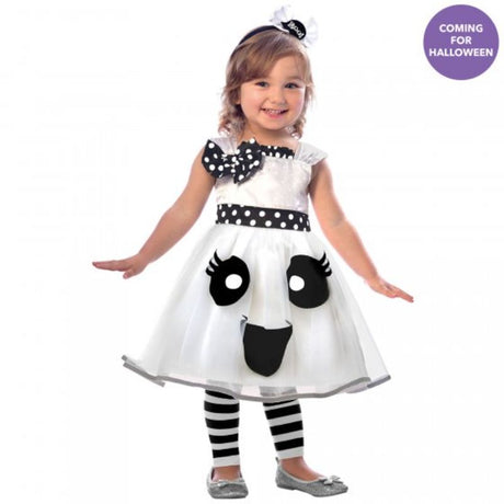 Adorable ghost costume for girls 4-6 years, featuring a comfy dress and whimsical headband for Halloween fun.
