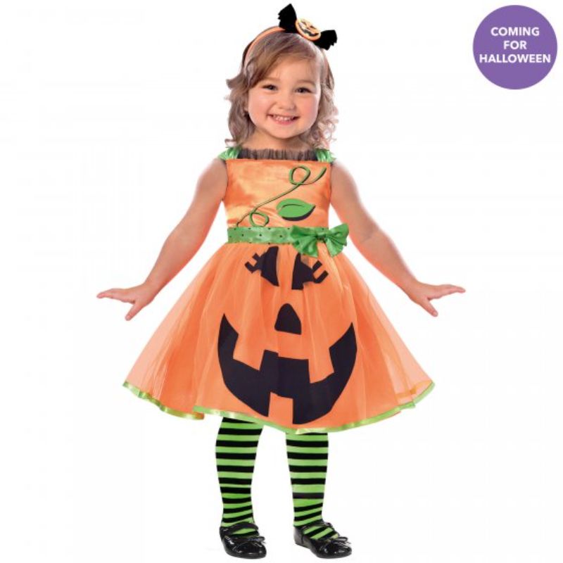 Adorable costume for toddlers featuring a cute pumpkin design and matching headband, perfect for Halloween festivities.