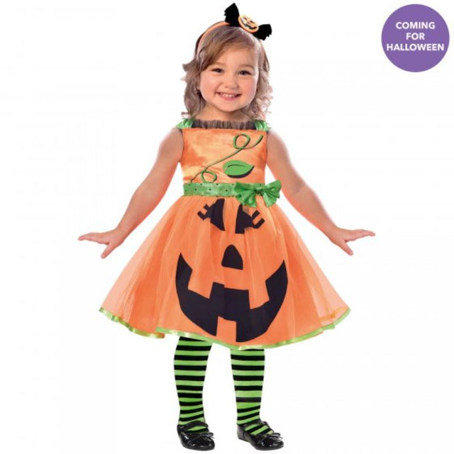 Adorable girl's pumpkin costume for ages 3-4, featuring vibrant colors, comfortable dress, and cute headband.