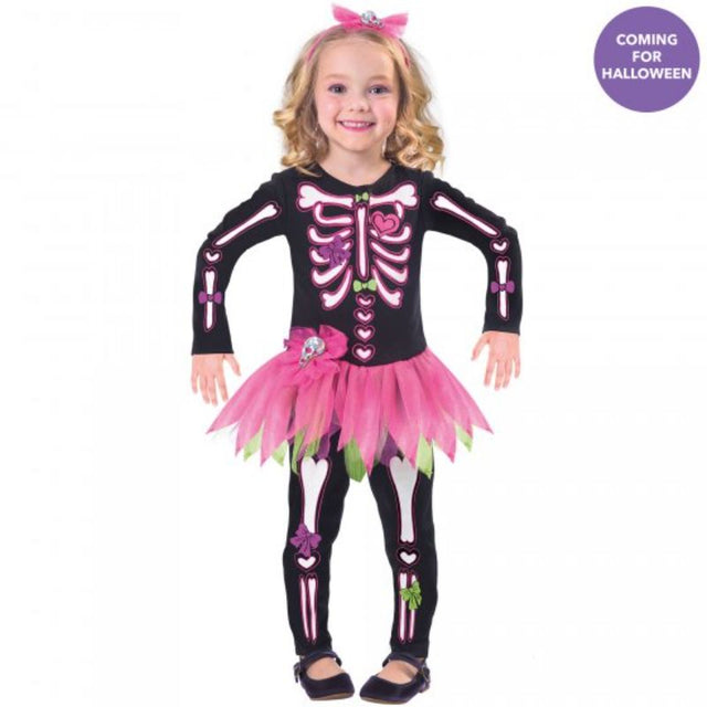 Girls' Fancy Bones Skeleton Costume for ages 3-4, featuring a comfy jumpsuit and cute headband for Halloween fun.