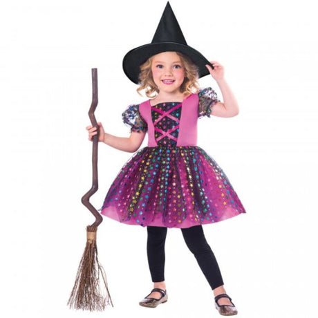 Vibrant multicolored dress with a pointed hat for little girls aged 3-4, perfect for Halloween and playful dress-up adventures.