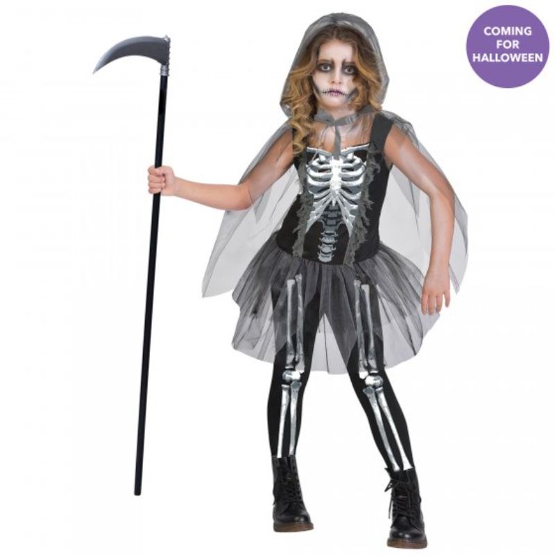 Grim Reaper costume for girls 12-14, featuring a detailed top, leggings, and a hooded cape for Halloween fun.