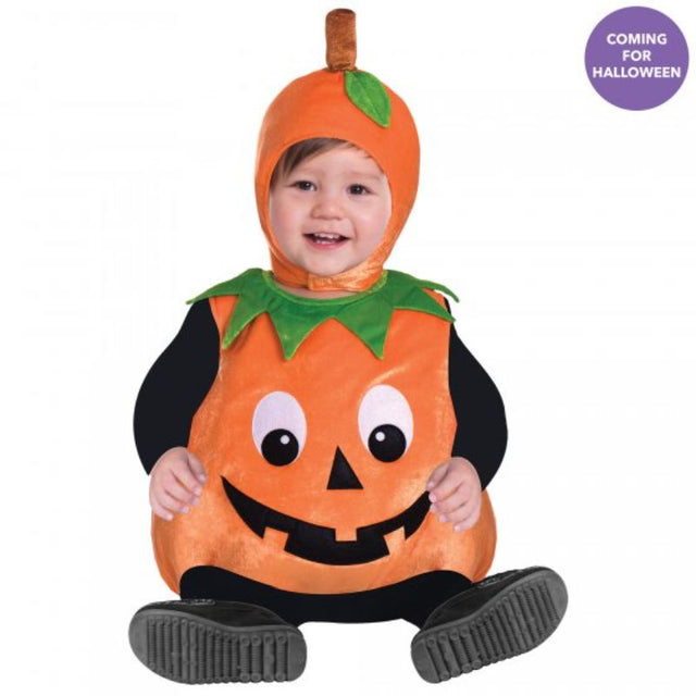 Adorable sleeveless pumpkin costume for babies 3-12 months, featuring a vibrant orange body and matching hat.