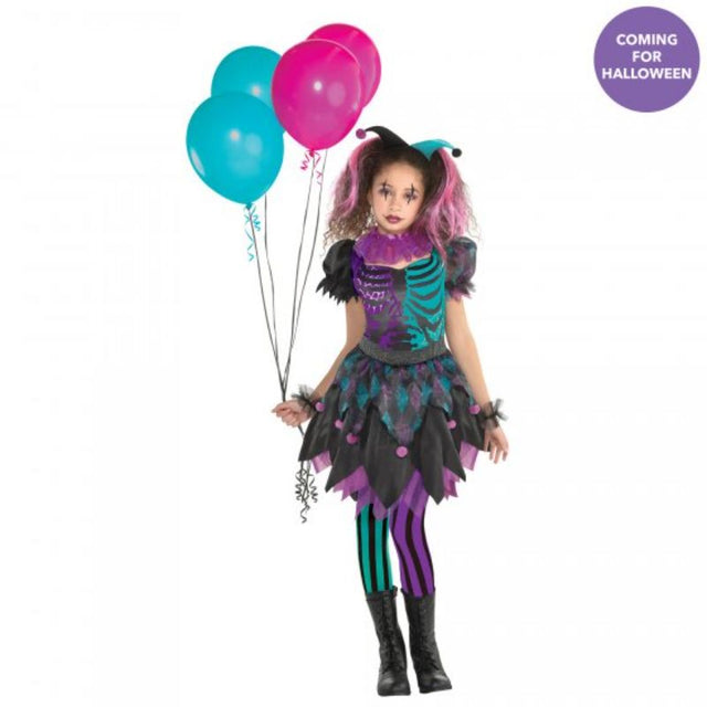 Haunted Harlequin girls' costume for ages 6-8, featuring a patterned dress, cuffs, collar, headband, and tights.