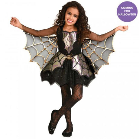 Iridescent Spider Girl costume for ages 8-10, featuring a shimmering dress and attached wings for imaginative play.