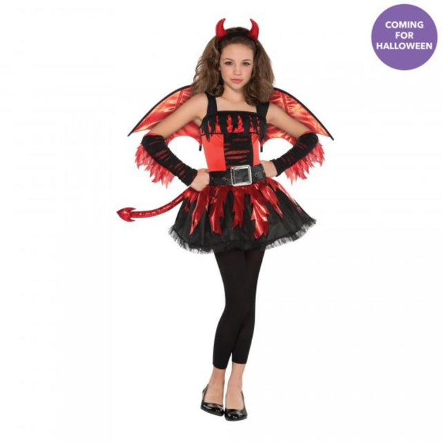 Stunning Daredevil costume for girls aged 10-12 featuring a dress, wings, headband, and footless tights for adventurous play.