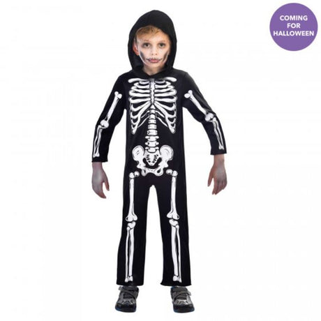 Kids' skeleton jumpsuit for ages 8-10, featuring a striking print for Halloween fun and easy dressing.