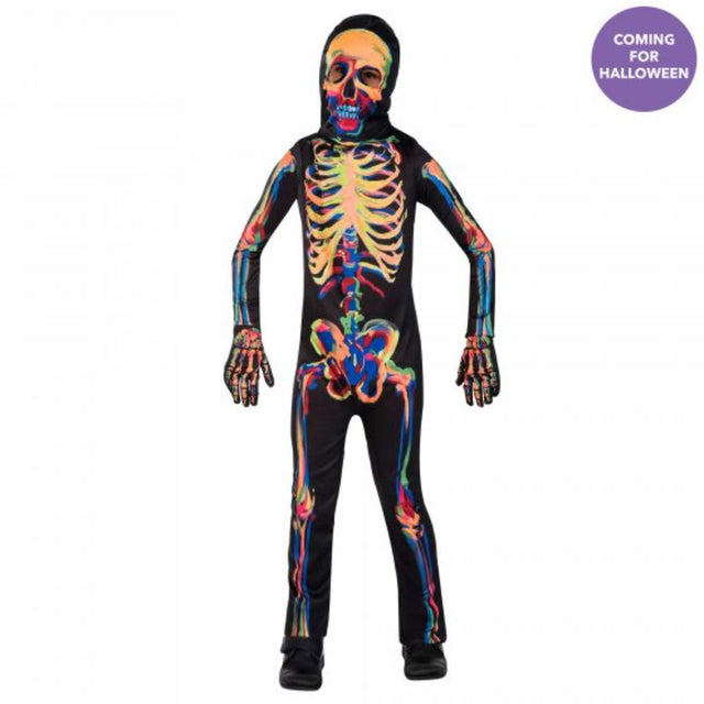 Kids' glow-in-the-dark skeleton costume with jumpsuit, gloves, and hood, perfect for Halloween fun.