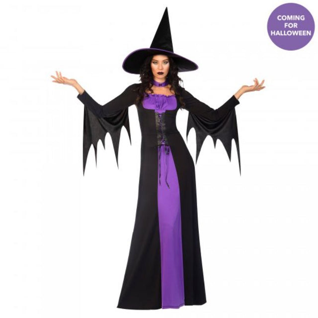 Classic black witch costume for women size 20-22, complete with hat and choker, perfect for Halloween parties.