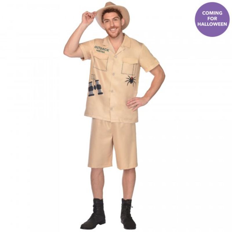 Adult Outback Hunter costume with top, shorts, and hat, perfect for adventurous themed parties.