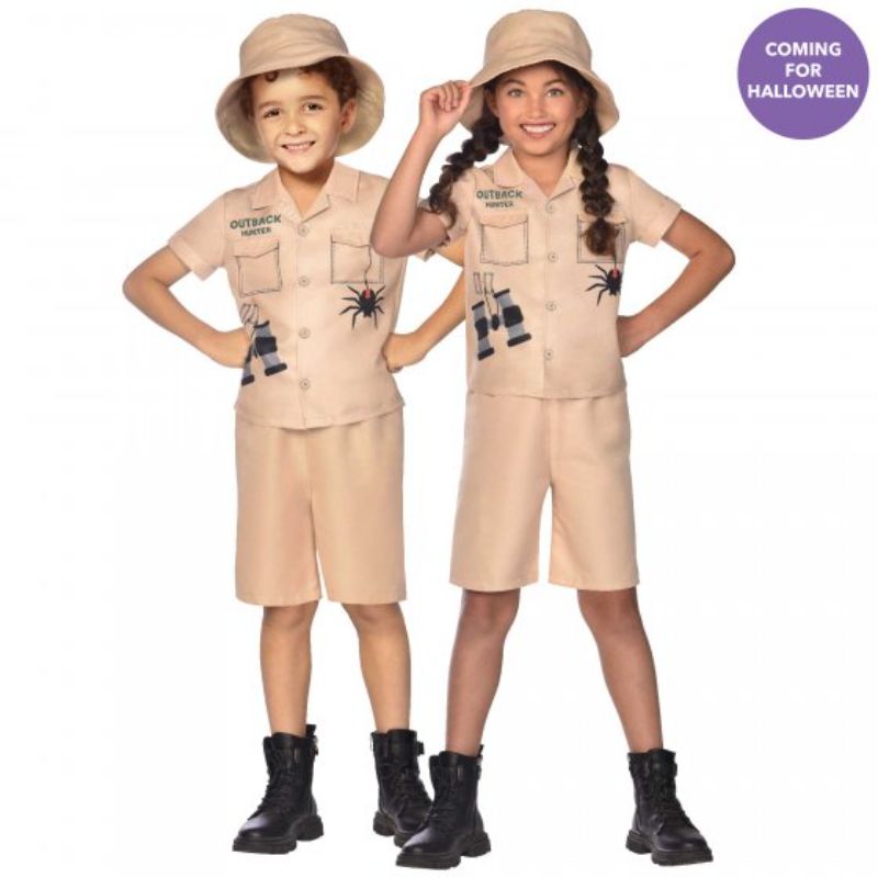 Child in an adventurous Outback Hunter costume with top, shorts, and hat, perfect for imaginative play and themed events.