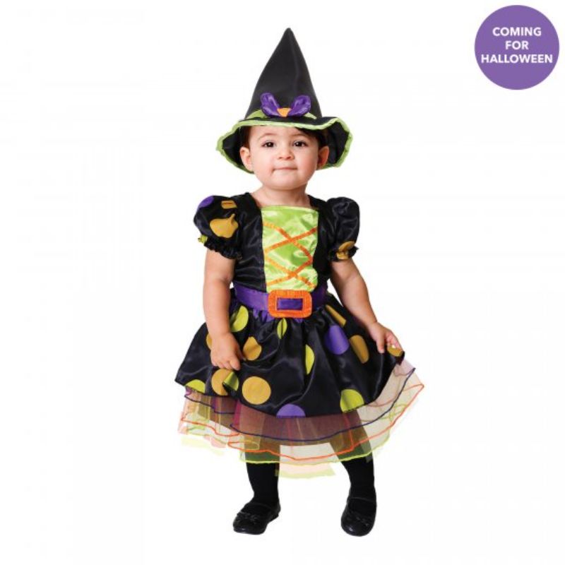 Adorable Halloween costume for baby girls featuring a cauldron-themed dress and matching hat, perfect for festive occasions.