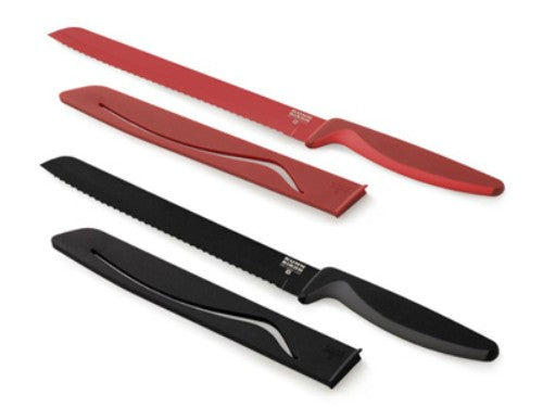 Kuhn Rikon Bread Knife with 7-inch serrated blade, non-stick surface, and safety sheath in red or black color.