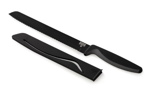 Kuhn Rikon Bread Knife with 7-inch serrated blade, non-stick surface, and safety sheath in red or black finish.