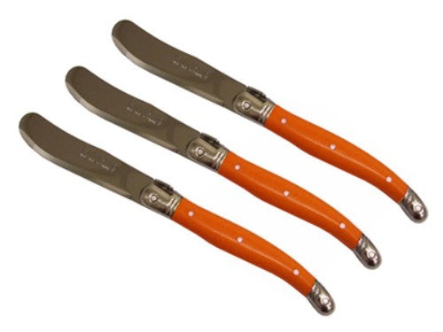 Set of 3 vibrant orange Verdier spreaders with stainless steel blades and colorful resin handles, ideal for effortless serving.