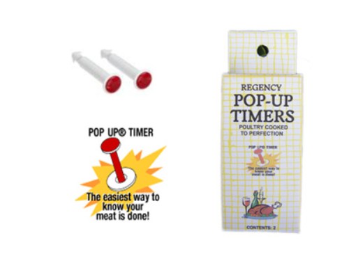 Set of 2 turkey pop-up timers for perfectly cooked turkey; pops up when ideal temperature is reached.