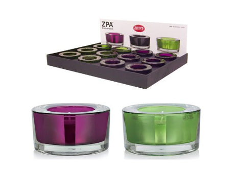 Set of 12 elegant glass candle holders in green and purple, perfect for enhancing home decor and creating ambiance.