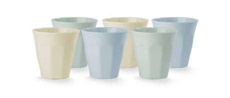 Set of 12 classic melamine cups in green, blue, and cream, perfect for picnics and casual gatherings.