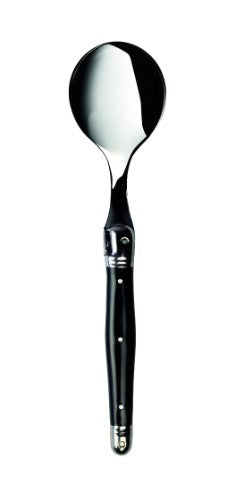 Set of 3 black Verdier soup spoons featuring stainless steel and colored resin handles, crafted in France.