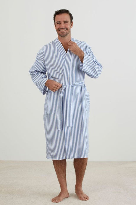 Lightweight blue and white striped kimono-style bathrobe with two pockets and waist tie, made from 100% cotton.
