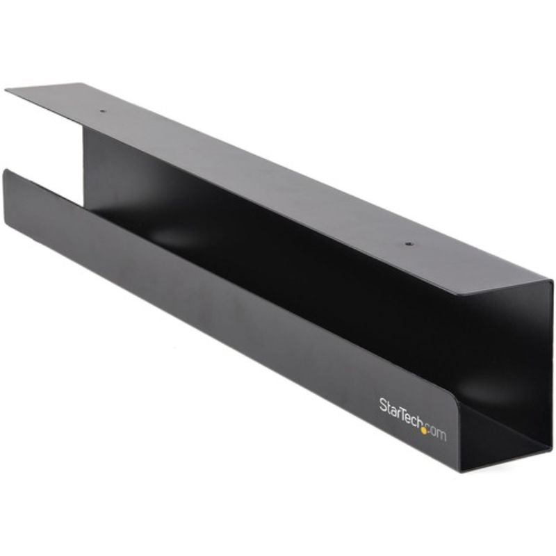 StarTech.com 23.6" under desk cable management tray in black steel, organizing cords for a clutter-free workspace.